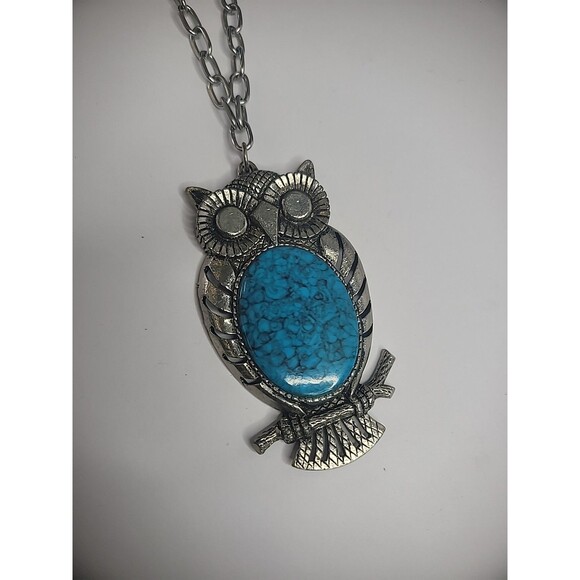 Vintage Silver Tone Owl Pendant Chain Necklace Blue Stone Jewelry Costume - Picture 11 of 12
